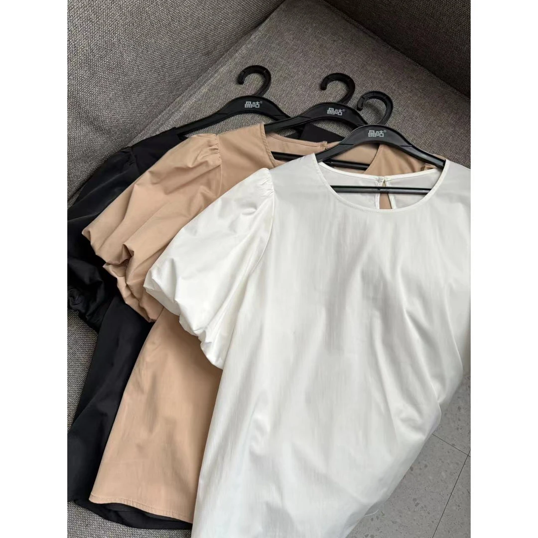 晶咕【泡泡内搭】韩系简约圆领泡泡袖上衣短袖T恤显瘦气质时尚