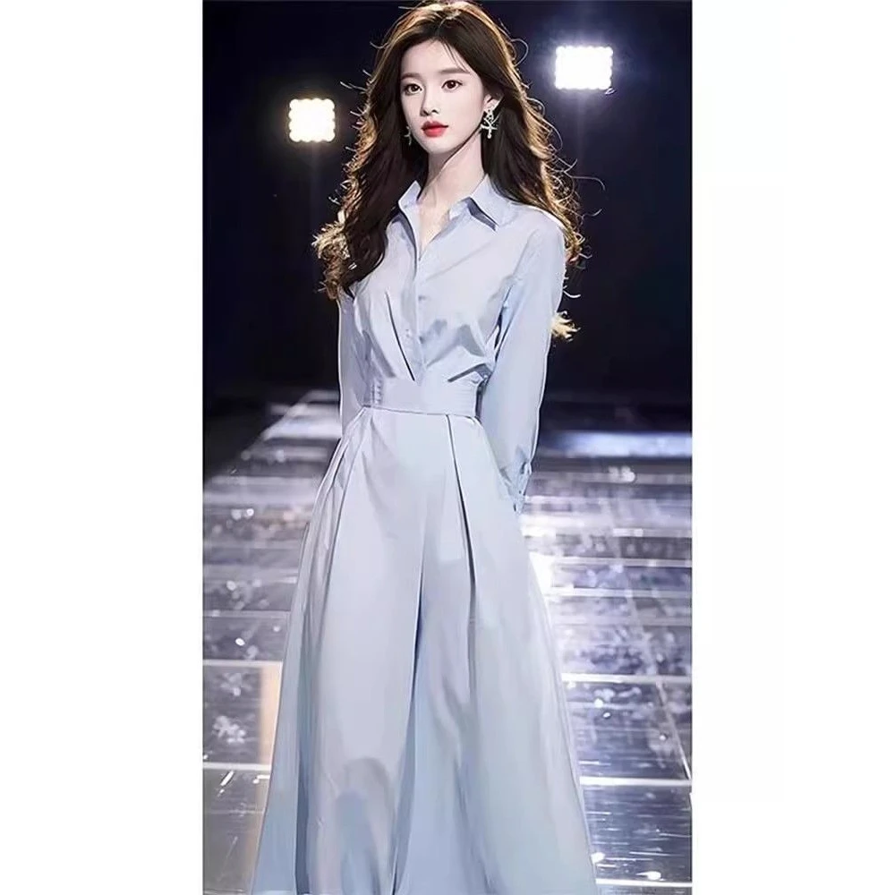 韩版气质收腰衬衫连衣裙女2025春季新款显瘦翻领设计感中长款裙子