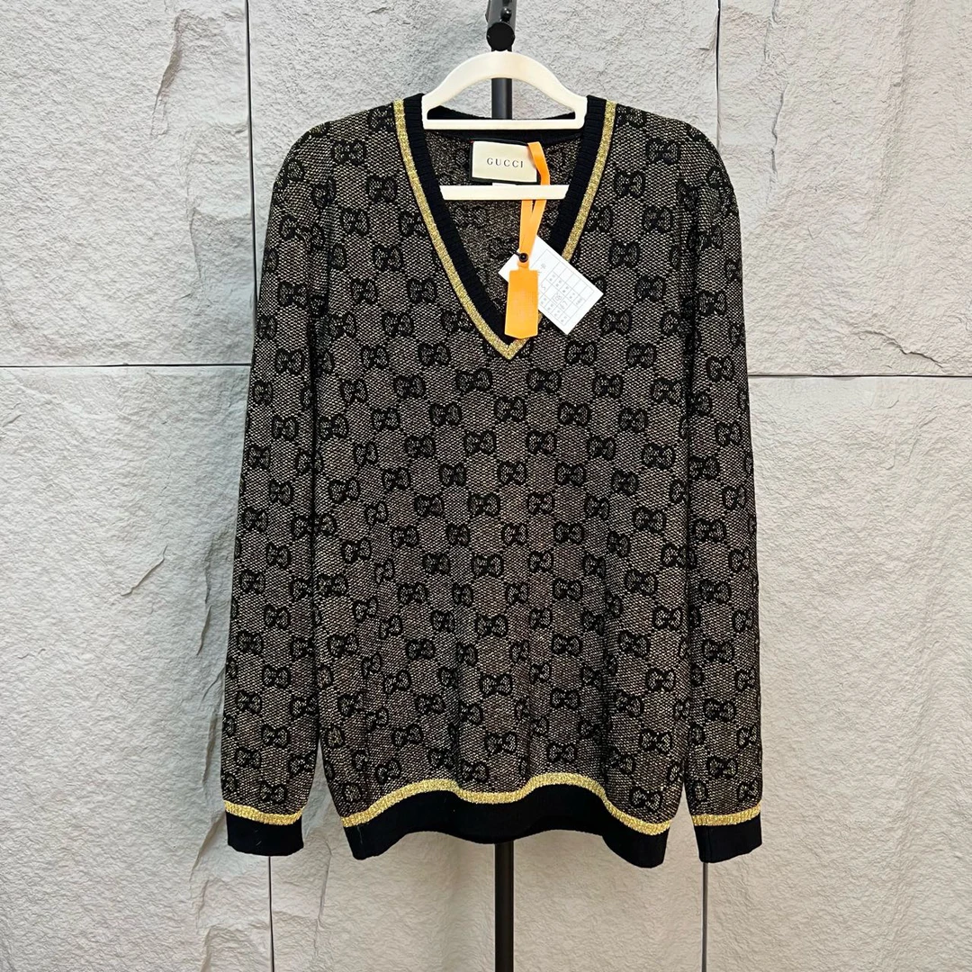 99新 GUCCI/古驰 黑金满印毛衣 s码 cl01222