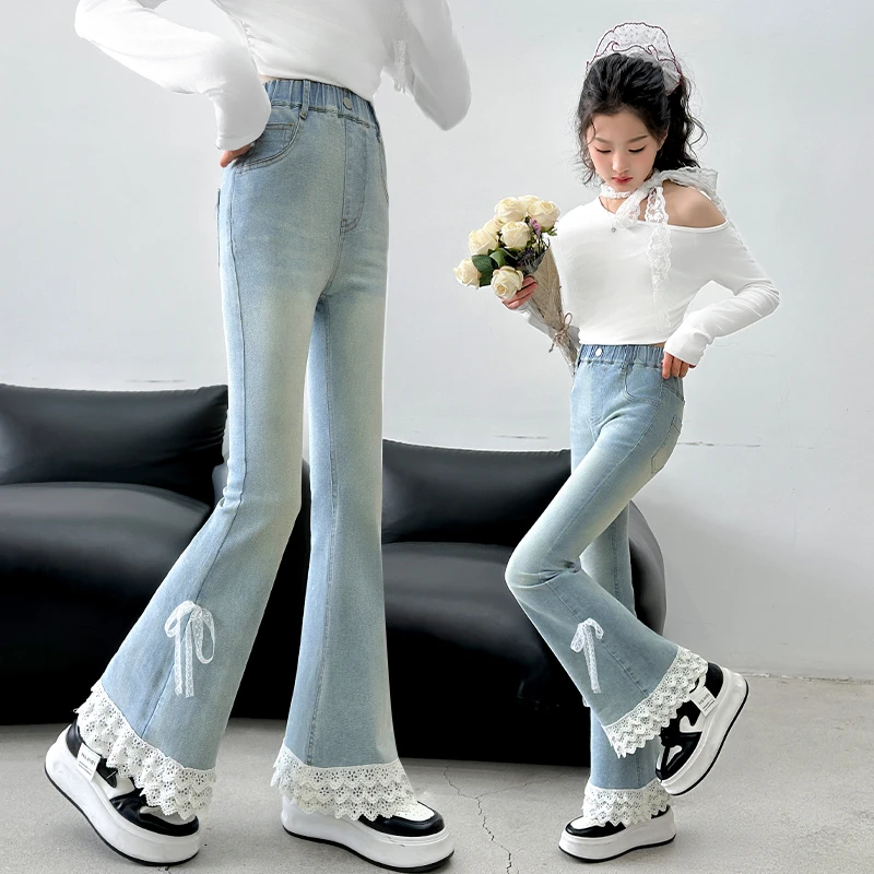 女童牛仔裤春秋款2025新款女大童修身显瘦喇叭裤儿童蕾丝花边裤子