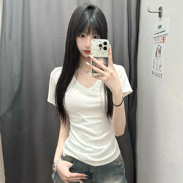V领正肩女t恤短袖夏2025新款基础款修身显瘦灰色内搭打底上衣P973