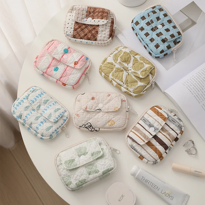 条纹圆点复古绗缝夹棉便携收纳可爱软绵绵零钱包口红收纳小包包包