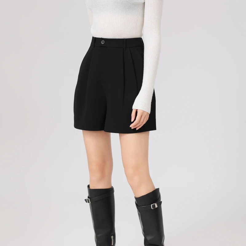 AMASS/阿玛施新款时尚百搭显瘦直筒裤气质高腰打褶宽腿短裤510001