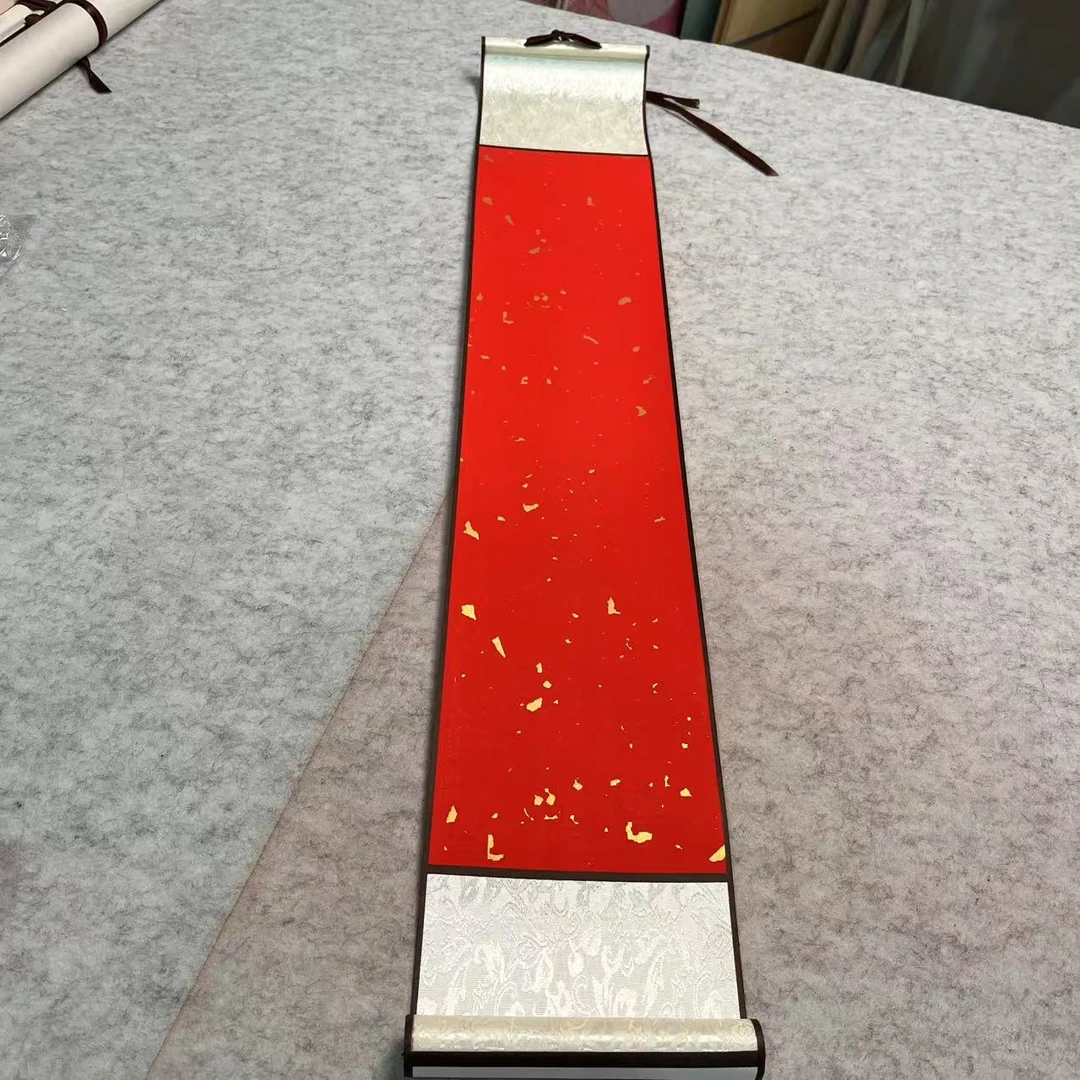 【16*95cm蜡染万年红洒金小卷轴】半生半熟宣纸挂轴书法毛笔创作红