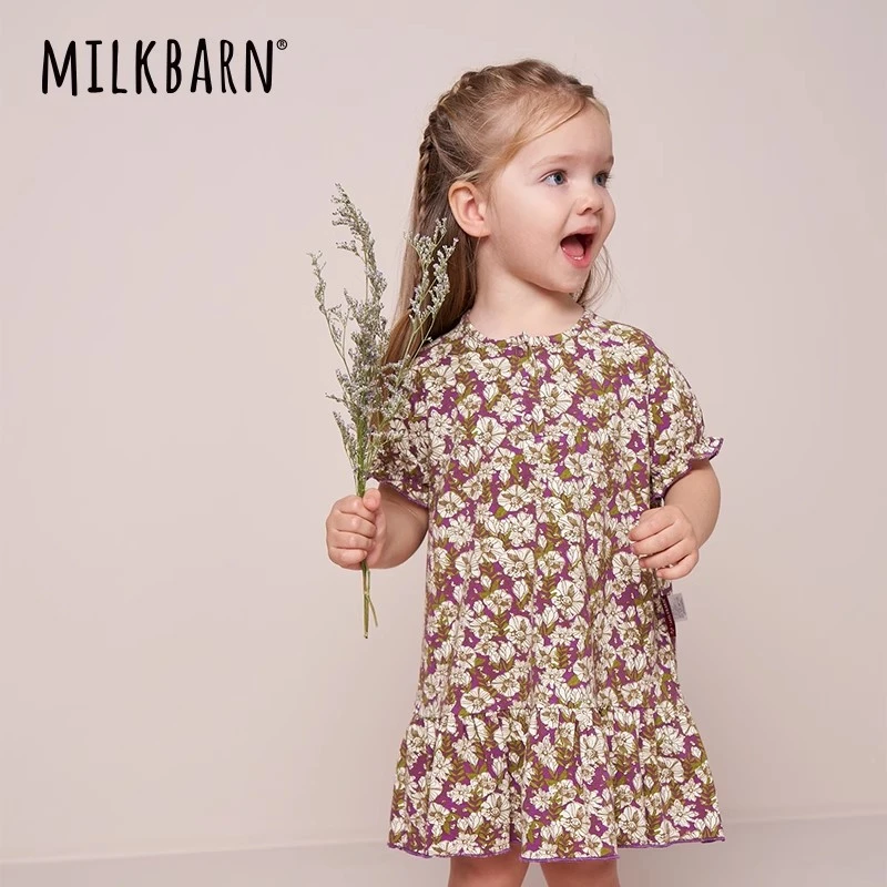 Milkbarn夏季女童宝宝洋气短袖裙子夏款连衣裙印花儿童夏装公主裙