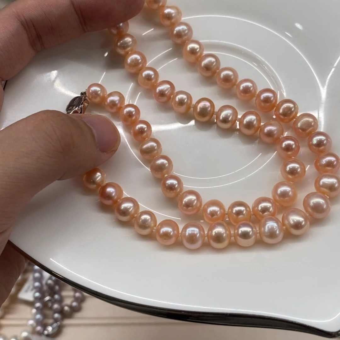 银S925镶嵌淡水珍珠颈饰7.3-8.5项链鹅蛋圆有瑕疵