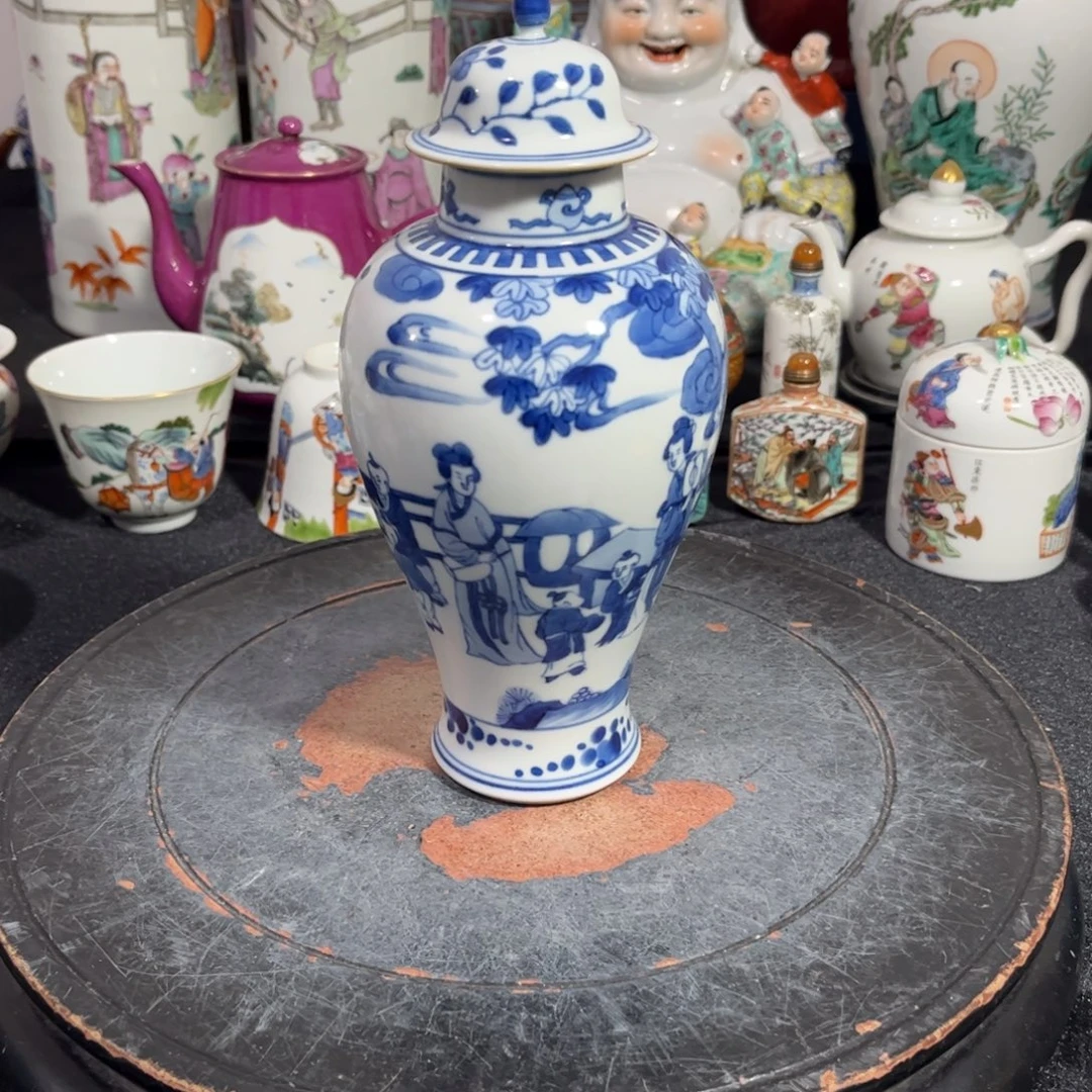 摆件青花三娘教子将军罐