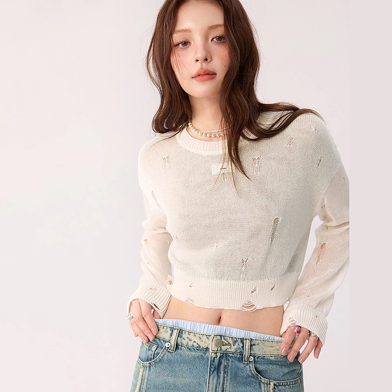 【10】CHUU破洞镂空设计感宽松辣妹穿搭破洞款显瘦针织衫FHND014W