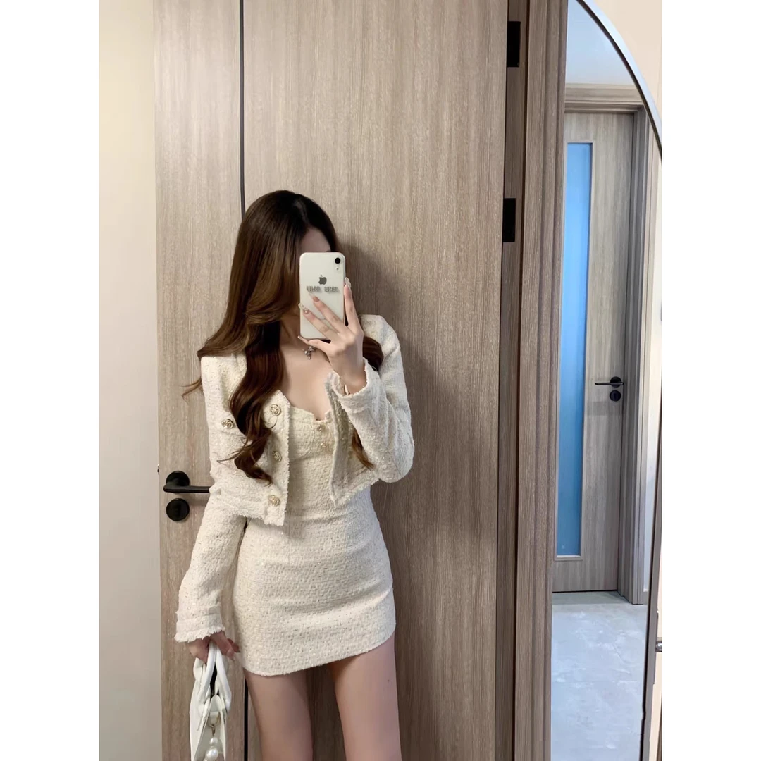 富家千金小香风女装洋气短款外套气质上衣纯欲收腰显瘦吊带裙套装