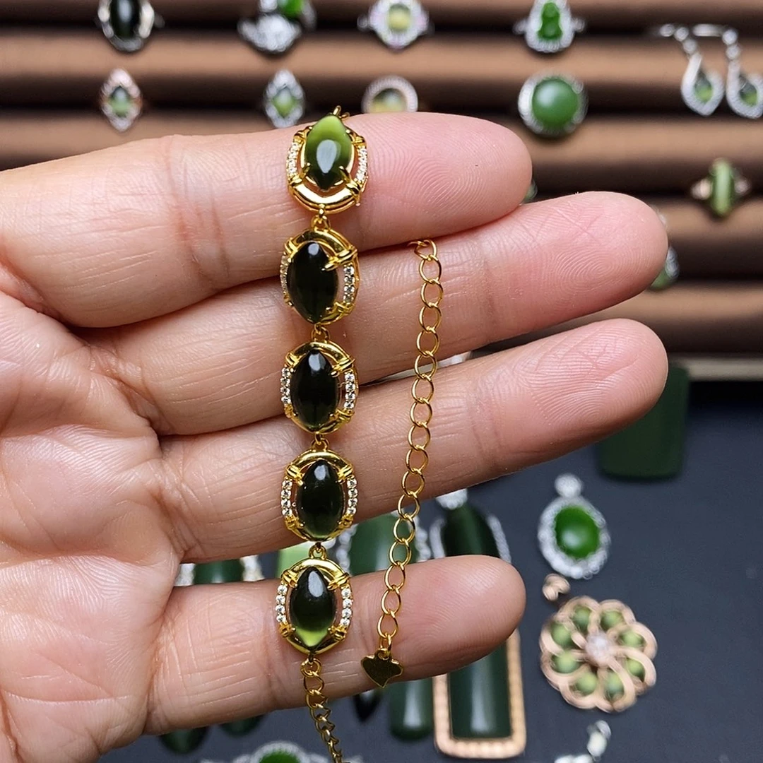 吊坠(不含链)银S925镶嵌和田玉（碧玉）手链