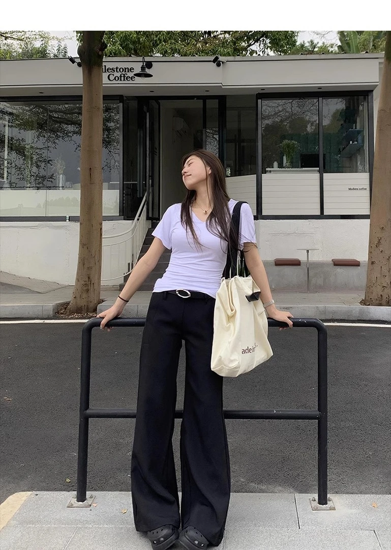 灰色西装阔腿裤女装秋季辣妹低腰垂感休闲裤宽松微喇叭裤子拖地裤