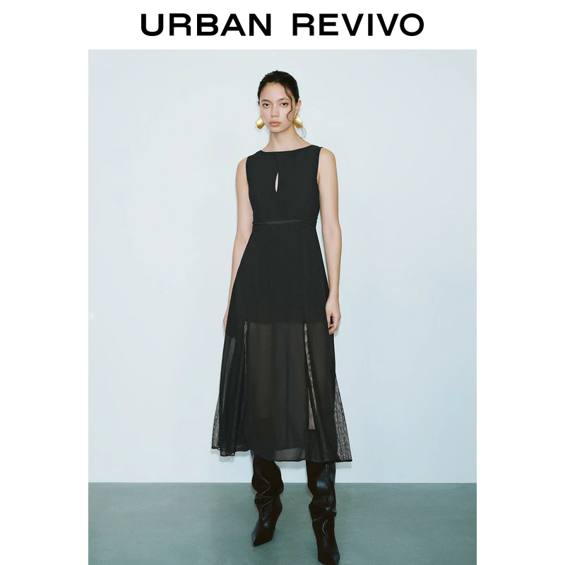 UR2025春季新品女装欧若风肌理感蕾丝拼接高腰连衣裙UWM750013