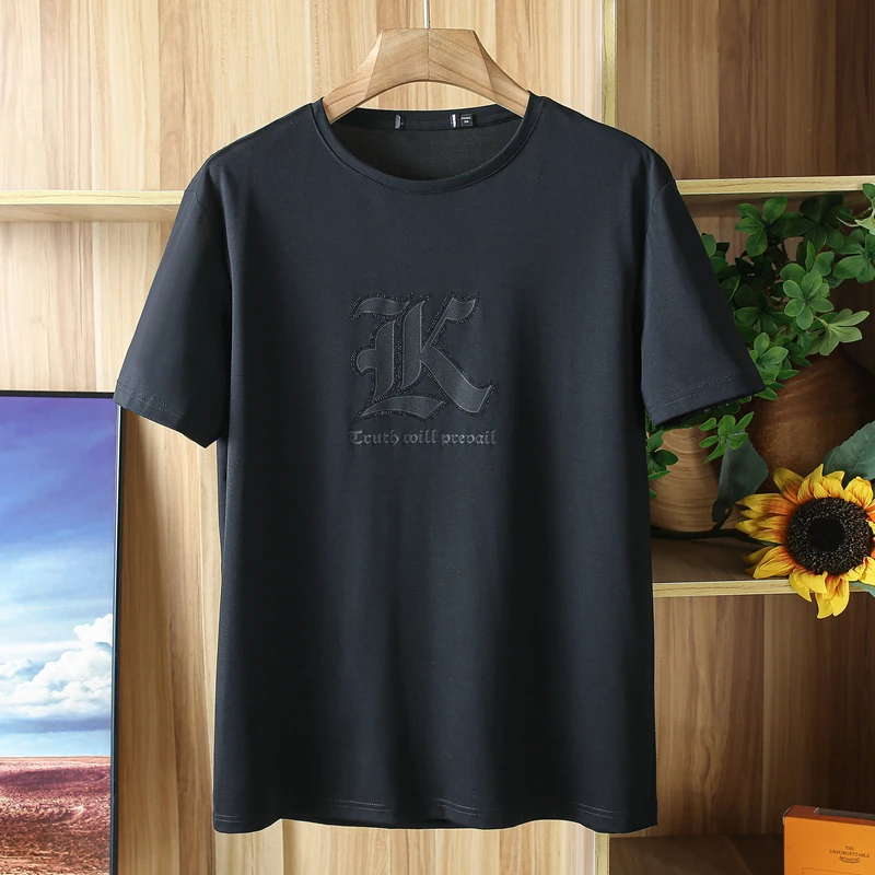 垂感抗皱H系撤柜男装黑色桑蚕丝短袖T恤男款夏季薄款百搭圆领上衣