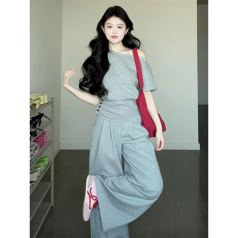 韩系时尚气质感斜肩上衣阔腿裤两件套装小个子一整套穿搭2025夏季