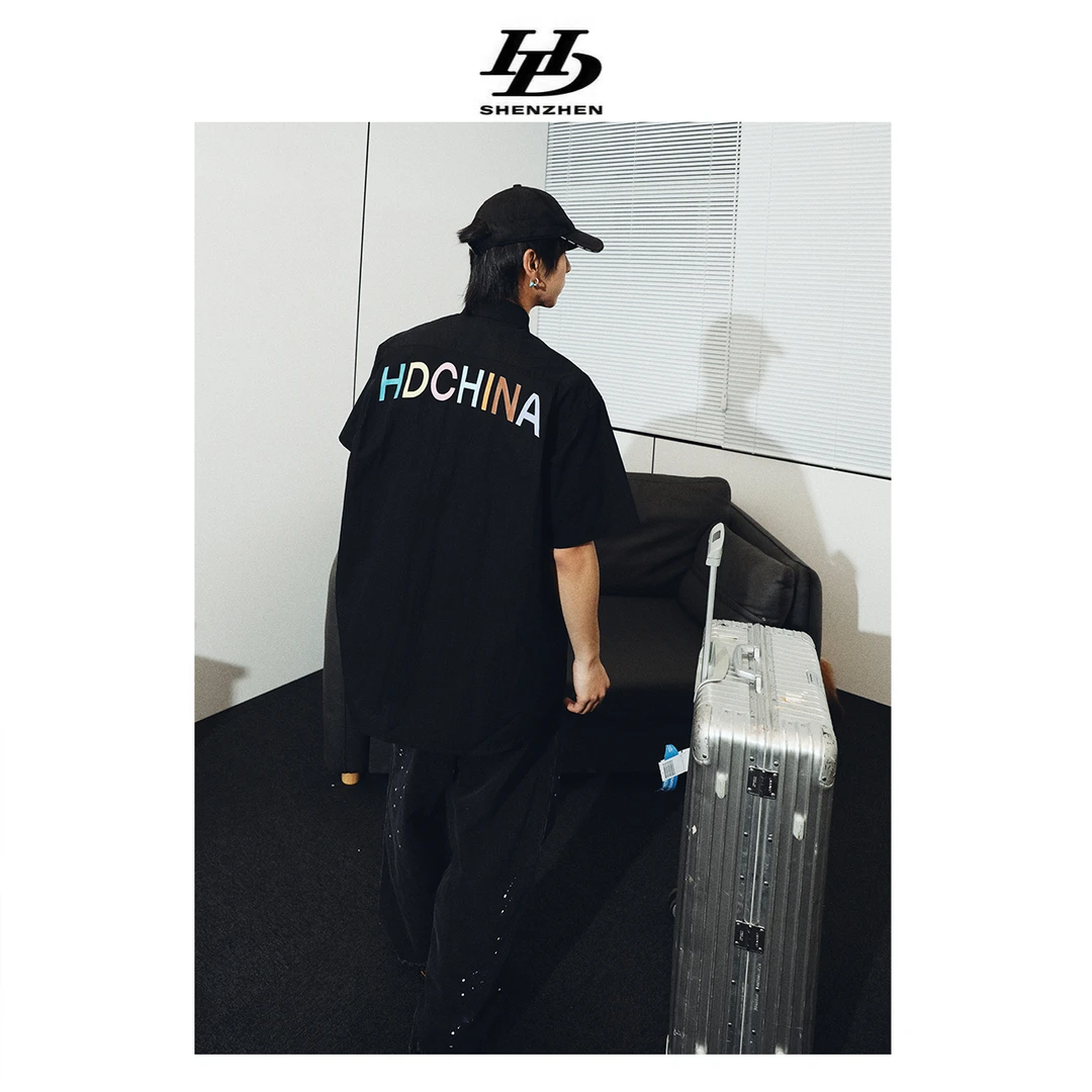 HDCHINA「彩虹短」免烫抗皱男衬衫进口印花百搭衬衫男装短袖衬衫