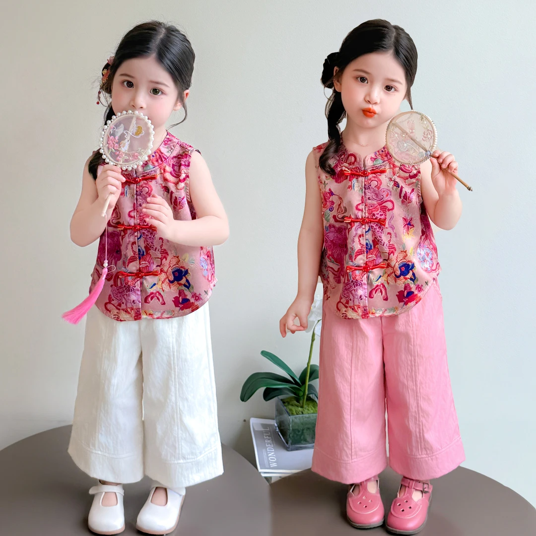 女童夏季套装2025新款洋气儿童新中式汉服国风无袖女孩夏装两件套