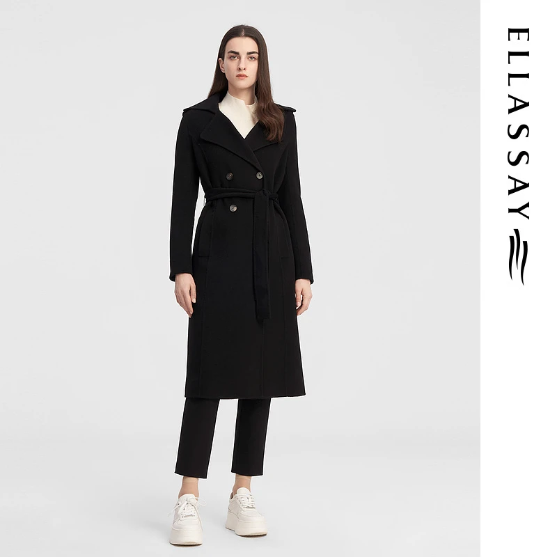 ELLASSAY歌力思秋季新款羊毛羊绒黑色气质毛呢外套女EWE343D04100