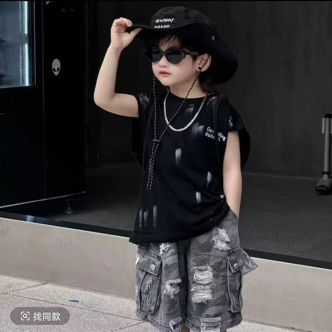 男童套装2025夏季新款韩版涂鸦无袖宽松背心套装工装磨白休闲短裤