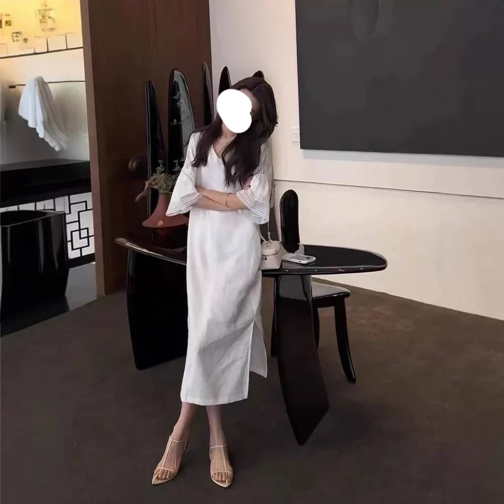 【马里博尔】五分袖V领基本款U型领长裙连衣裙显瘦女装设计师复古