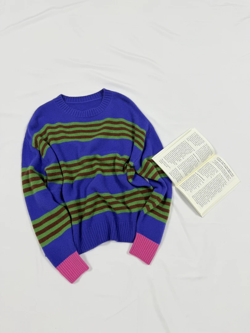 兰汇茗-新款圆领套头秋冬网红条纹百搭针织ol毛衣女士宽松慵懒风