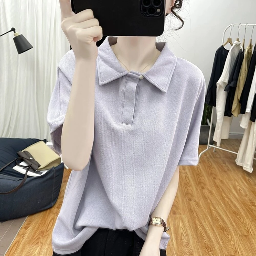 夏季女装港风棉质宽松Polo领短袖简约纯色拼接百搭休闲复古T恤潮