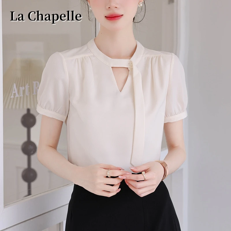 拉夏贝尔2025夏季新款衬衫时尚洋气小个子雪纺衫短袖百搭女士上衣
