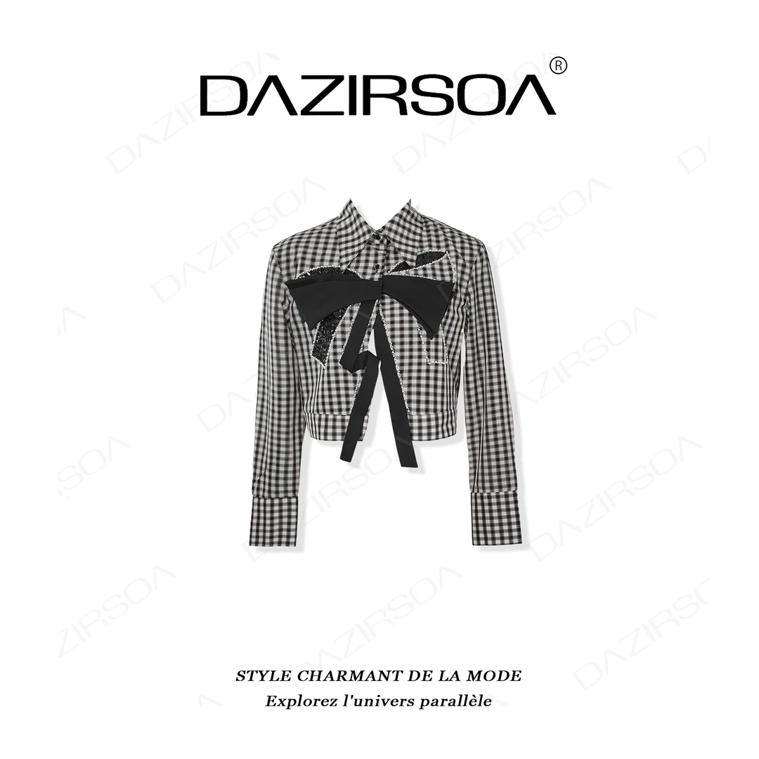 “格调徽章”时尚百搭拼接钉珠蝴蝶结小众衬衫 X812