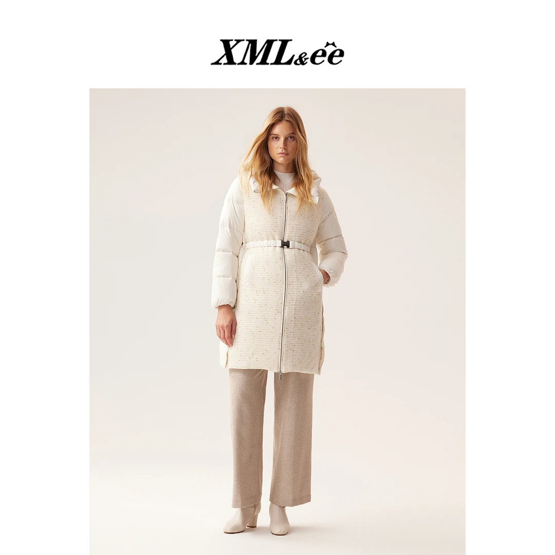 XMLee艾米尔 冬季长款鹅绒系带收腰连帽宽松保暖羽绒服 X444Y5615