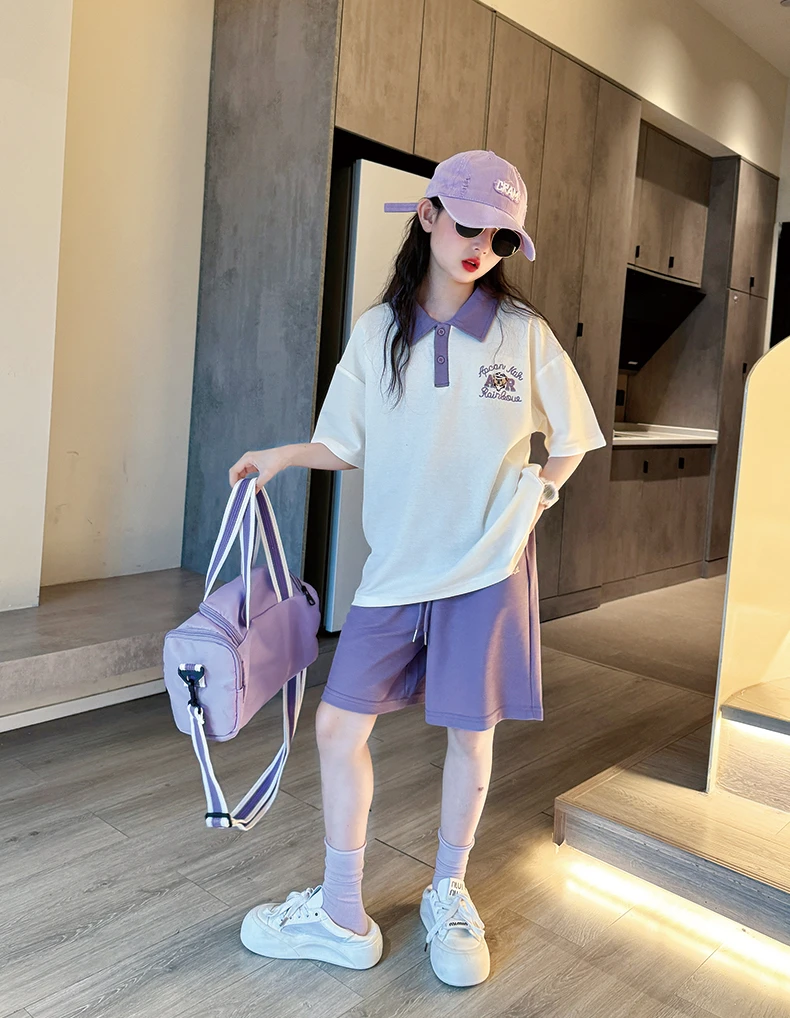 纯色常规女童夏季套头通用薄款套装中大童韩版甜酷休闲POLO衫套装