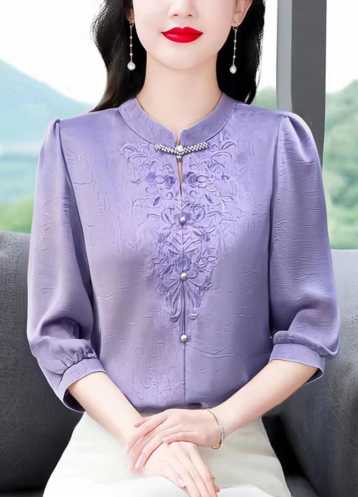 2025新款刺绣盘扣衬衫七分袖时尚洋气气质百搭显瘦上衣夏季国风
