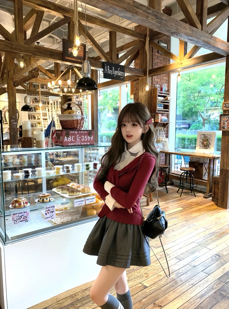 酒心树莓酱 秋季新款甜美可爱纯欲风系带假两件针织衫+灰色蓬蓬裙