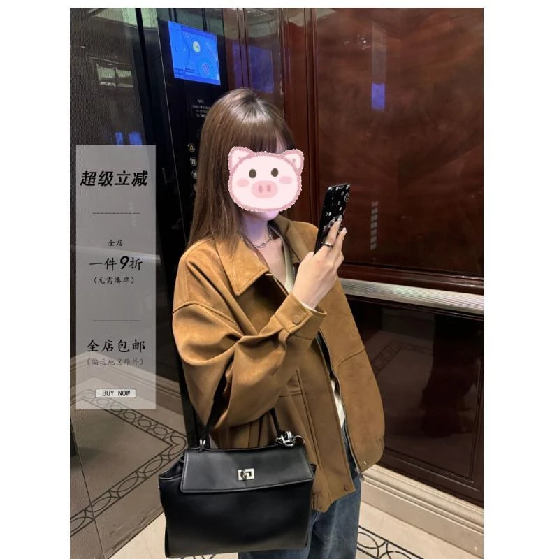 复古麂皮夹克女春秋 美式宽松翻领休闲百搭显瘦外套上衣253724