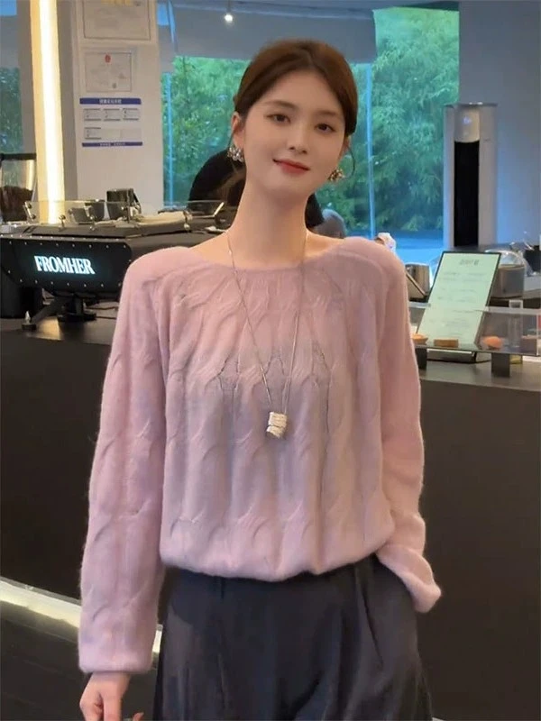 慵懒风软糯粉色洋气长袖针织衫女2025新款韩系早秋季穿搭宽松上衣