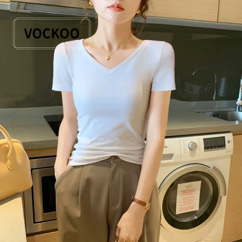 VOCKOO白色v领短袖t恤女夏2025新款正肩修身显瘦半袖鸡心领低领棉