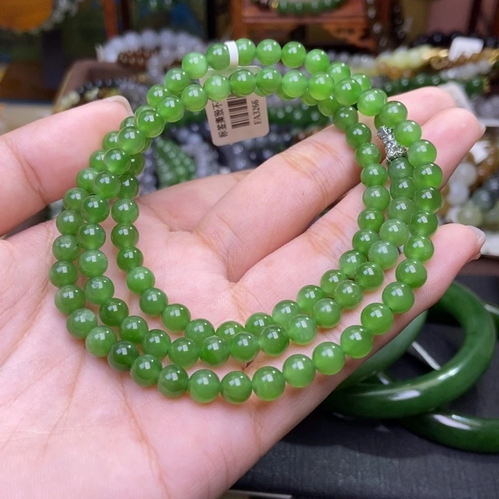 和田玉未镶嵌颈饰碧玉阳绿老矿料珠链6mm