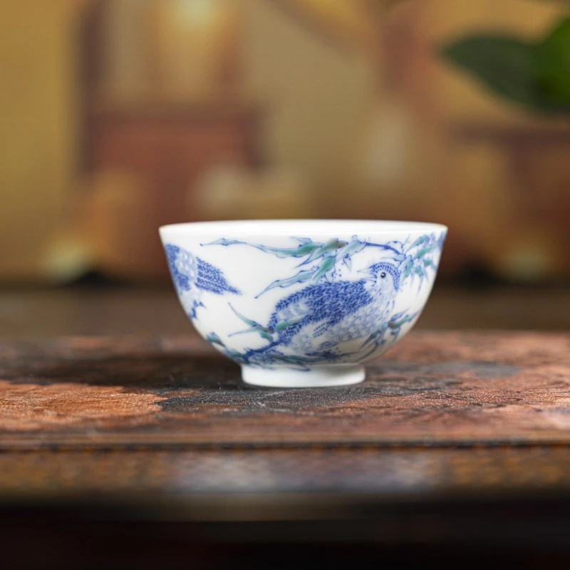 【陶瓷研究院合作品牌】六逸堂青花斗彩竹报平安品茗杯纯手工lyt187