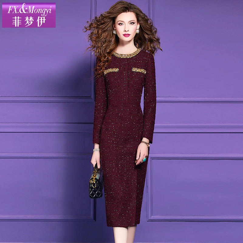 菲梦伊钉珠亮片红色小香风连衣裙女秋季名媛气质粗花呢裙子62381