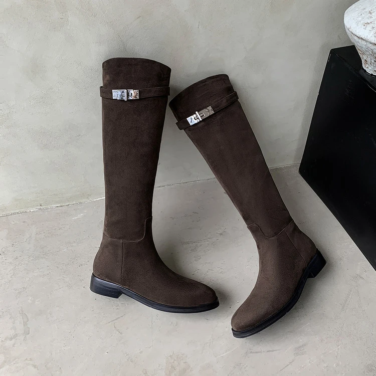 【奢品】美拉德复古棕色3.5cm粗跟凯莉扣麂皮绒高筒显瘦骑士靴长靴
