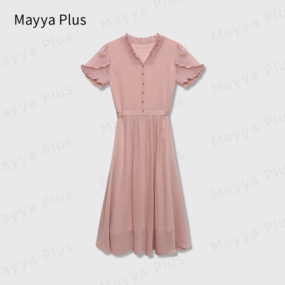 【温与柔】Mayya Plus原创设计气质显瘦V领绑带连衣裙32328379女装