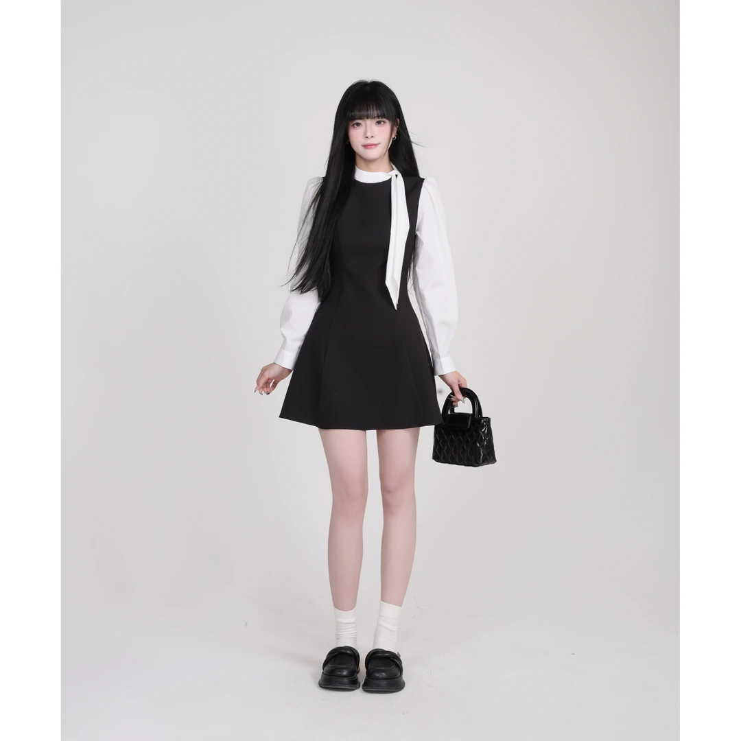 【清清】RICHINCHEESE 德鲁纳小镇 假两件设计高级拼接系带连衣裙