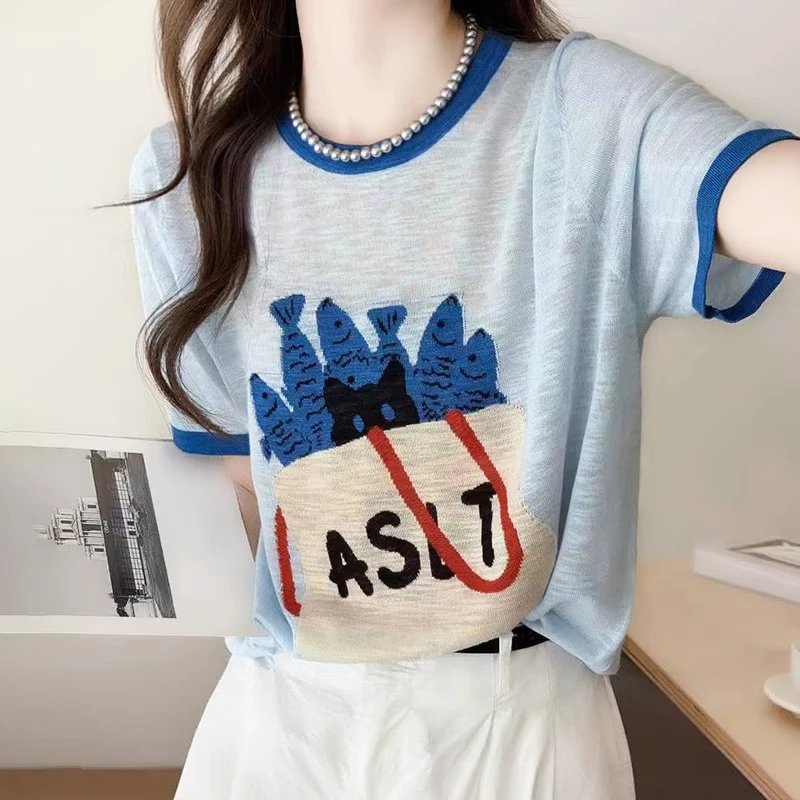 趣味小鱼手提包图案轻薄冰麻短袖针织t恤夏季休闲拼色圆领上衣女