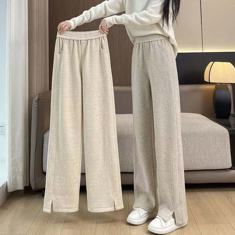 人字纹阔腿裤长裤宽松加厚休闲裤加绒直筒裤女春秋百搭卫裤拖地