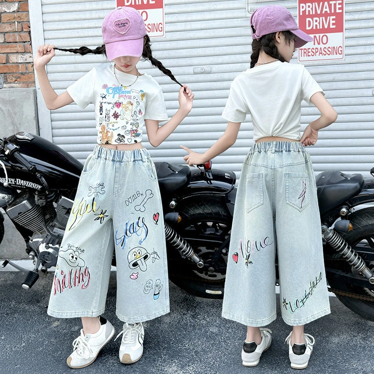 女童夏季套装2025新款洋气大童短袖两件套夏装儿童薄款牛仔阔腿裤