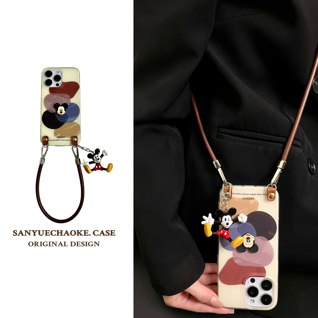 小众几何米奇挂件适用苹果17pro手机壳新款16promax女14卡通背带