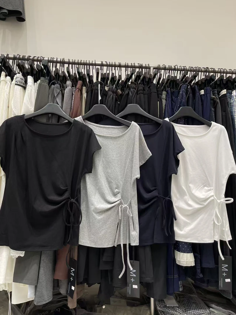 褶皱纯色系带短袖T恤