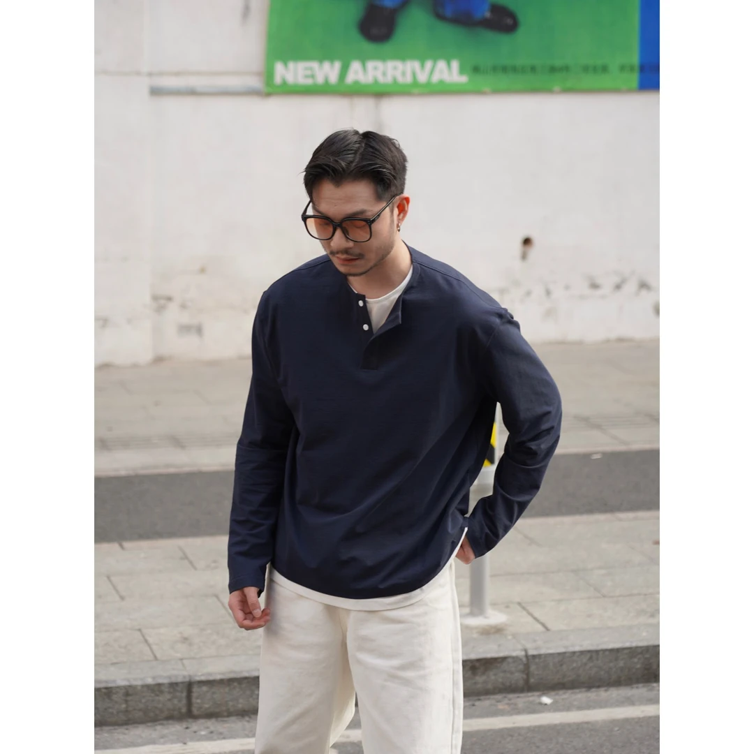 25春夏肌理感面料真两件亨利领宽松长袖男士T恤