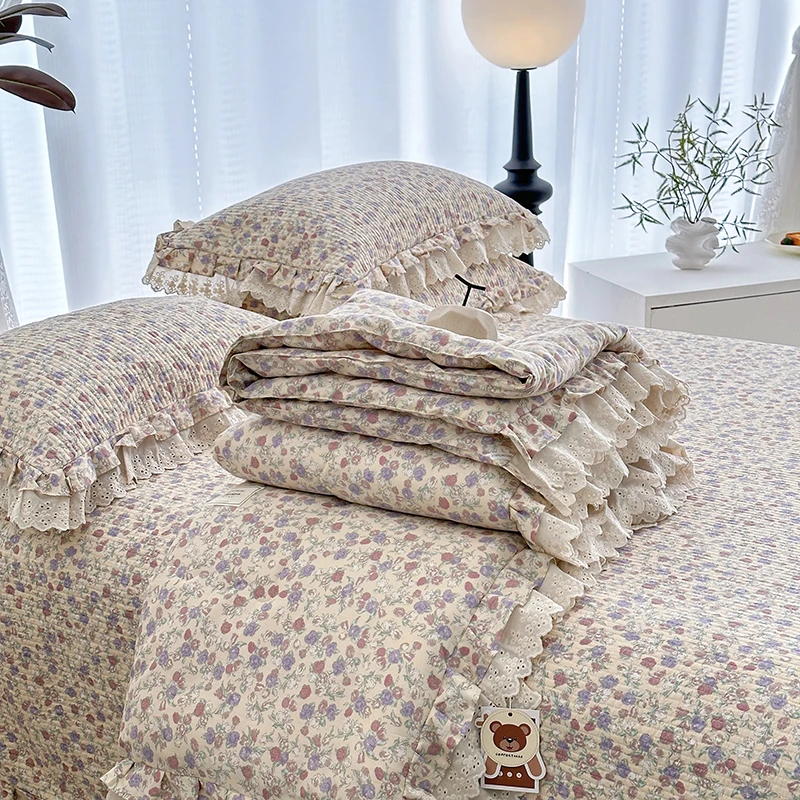 纯棉全棉砂洗家用床盖三件套春秋被被套小碎花印花花边南通家纺G