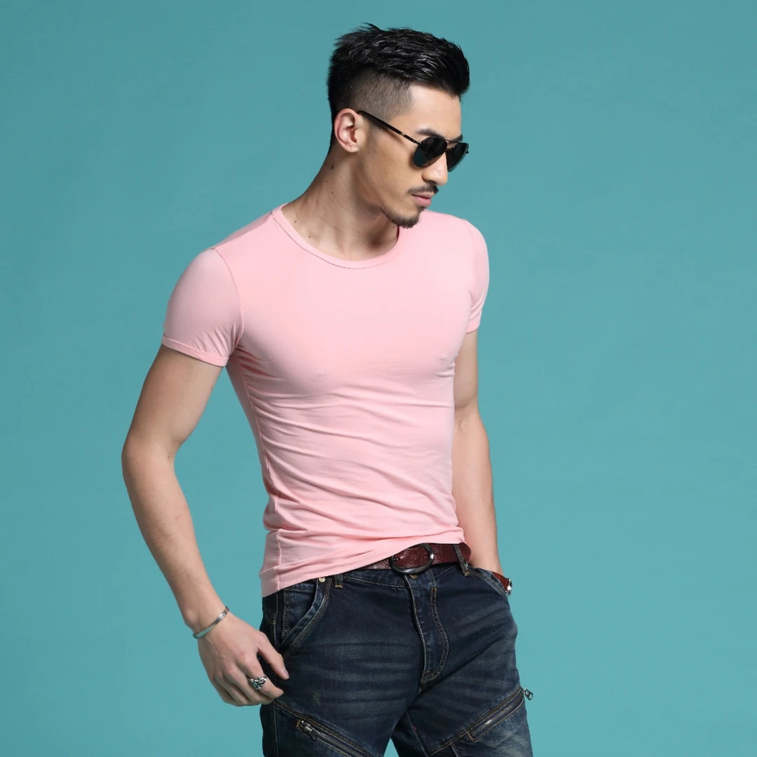 2件】夏季男士短袖t恤修身粉红内搭纯棉弹力贴身紧身健身打底衫潮