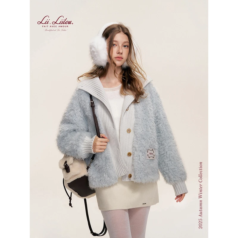 《旺旺雪宝专属》Liilou 针织拼接 超密厚实翻领宽松羊羔毛外套
