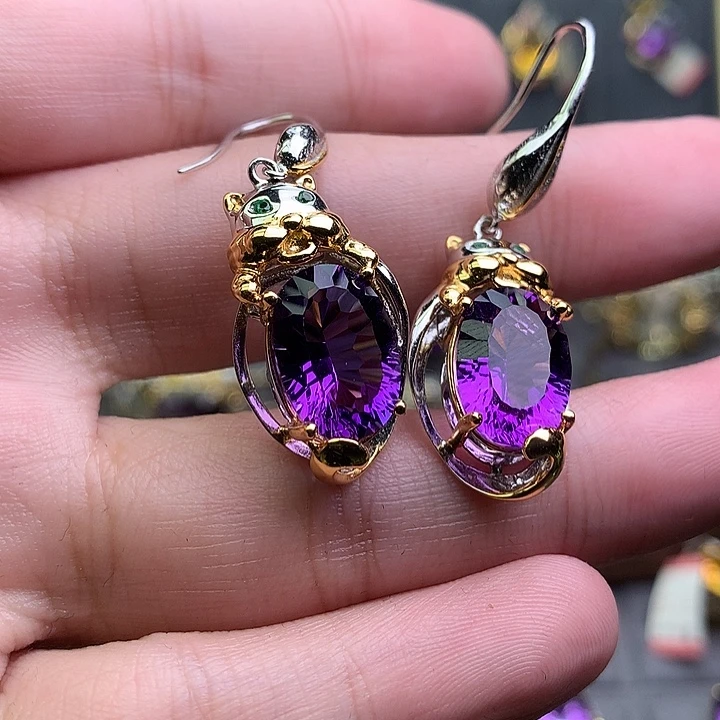 紫晶耳饰银S925镀金镶嵌